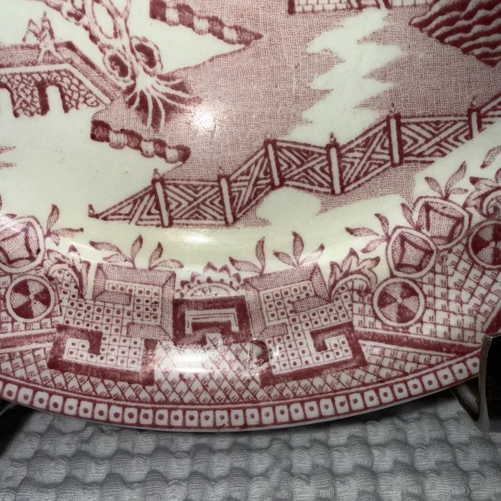 Vintage pink Rosa red Willow divided dinner plate outdoor scene birds, USA